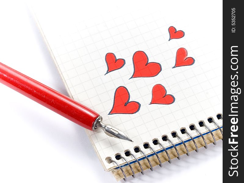 Red hearts drawn in a notebook. Red hearts drawn in a notebook