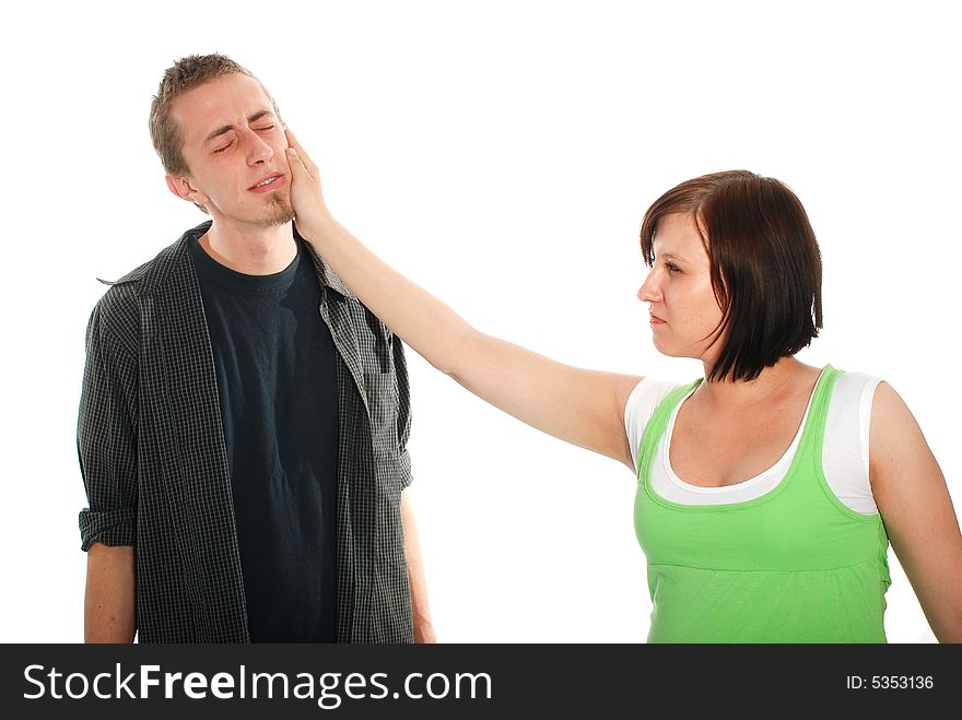 Young couple with problems on white background. Young couple with problems on white background