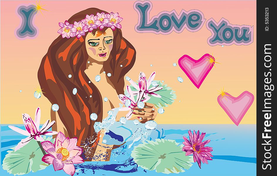 Illustration with girl in water with flowers
