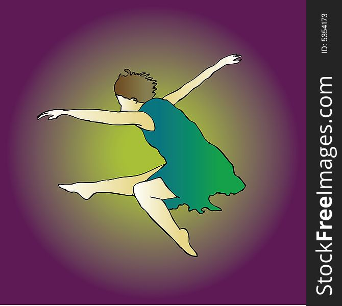 A theatrical dancer is holding posture while jumping through the air. A theatrical dancer is holding posture while jumping through the air.