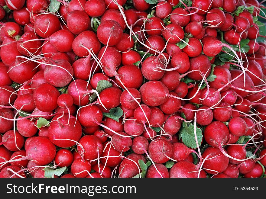 Pile of ripe radishes at a market. Pile of ripe radishes at a market.