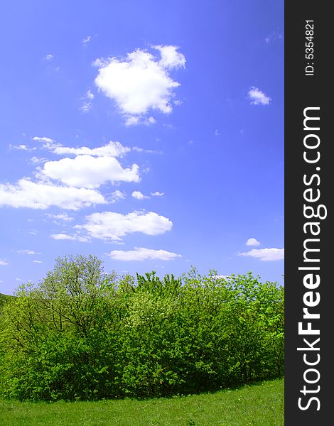 Green field and hills with blue sky and clouds. Green field and hills with blue sky and clouds