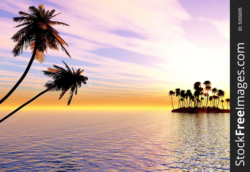 Sunset coconut palm trees on small island - 3d illustration.