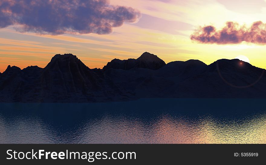 High mountains on a sunset sea - 3d scene.