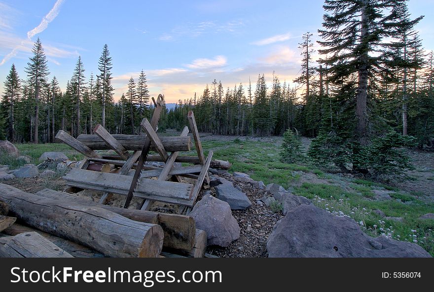 Pioneer style logpile by Mount Shasta. Pioneer style logpile by Mount Shasta