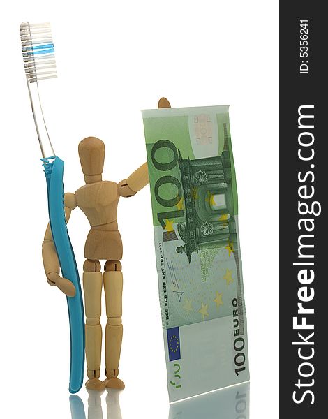 Dental care expenses. Manikin standing with toothbrush and euro bill