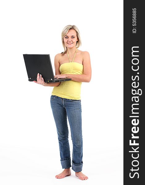 Young student with laptop, isolated on white