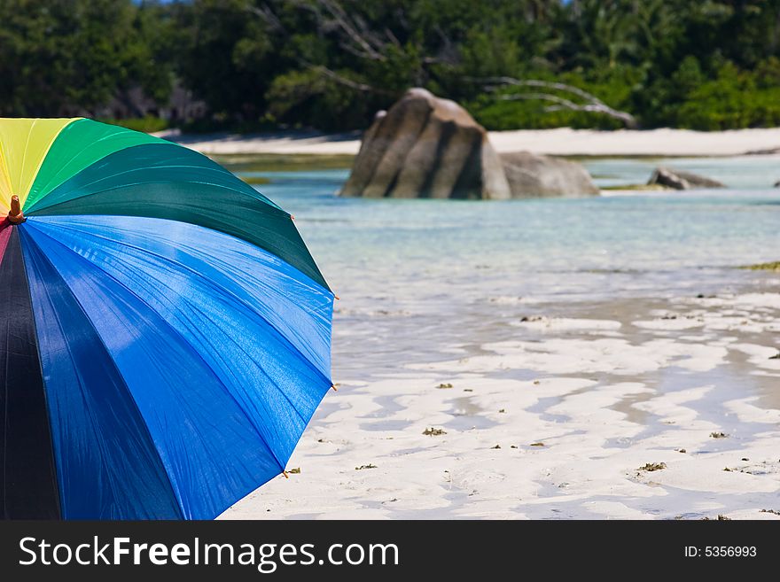 Umbrella on the beach of La Digue island, Seychelles