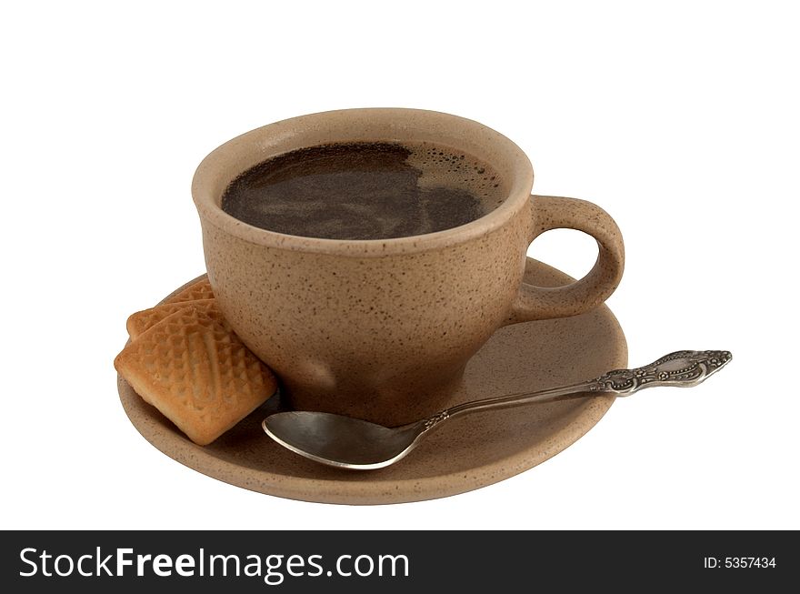 Coffee in brown cup, cookies. Coffee in brown cup, cookies