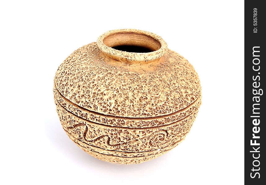 Ornamental old handmade ceramic vase with rough surface and ornament. Ornamental old handmade ceramic vase with rough surface and ornament