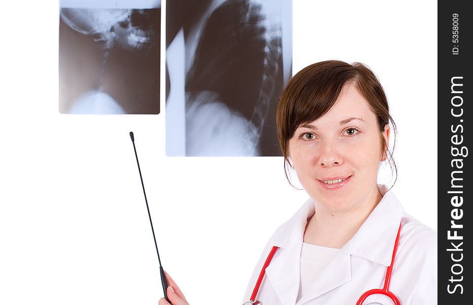 Female Doc Pointing At X-ray, Isolated On White