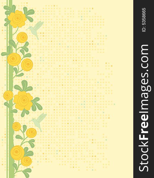 Spring Floral Vector with Hummingbirds on grid background