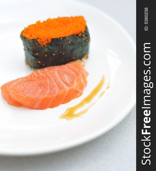 Japanese sushi served with salmon and fish egg