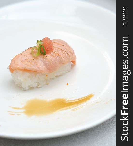 Smoked salmon served on white plate. Smoked salmon served on white plate