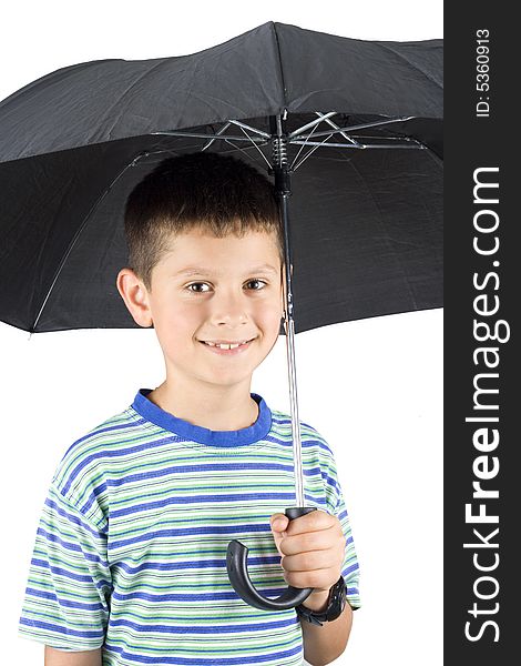 Boy under an umbrella on a white background. Boy under an umbrella on a white background