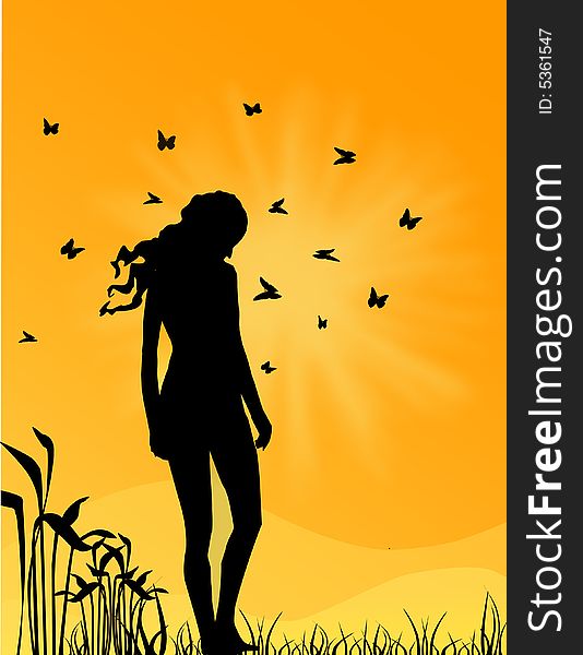 Silhouette of girl with butterfly. Silhouette of girl with butterfly