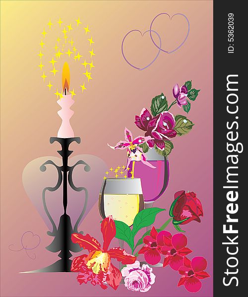 Illustration with champagne glasses and candle