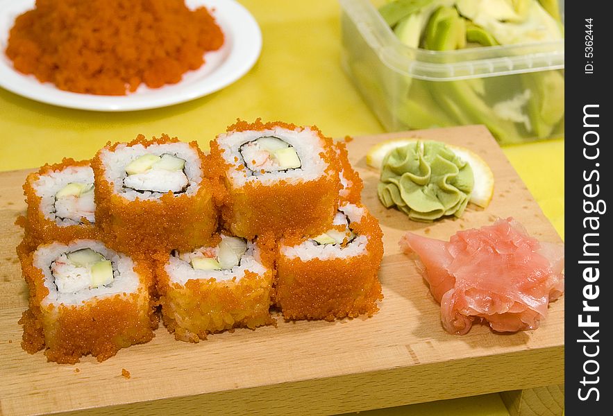 Sushi on the wood plate