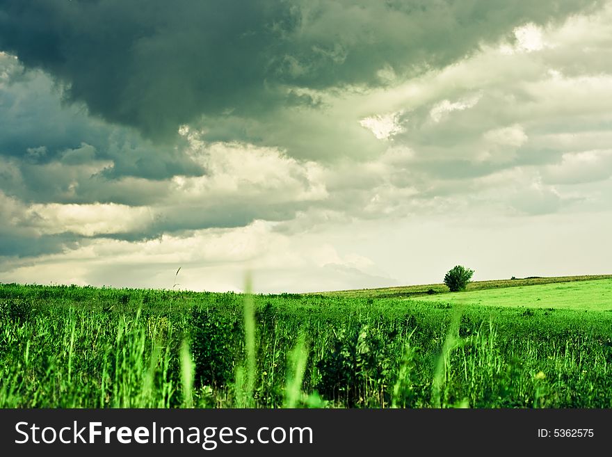 Cloudy vibrant spring landscape. Strong vibrant colors image. Cloudy vibrant spring landscape. Strong vibrant colors image