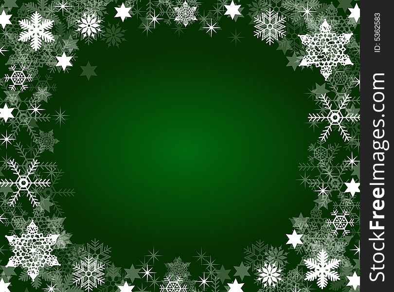 Green christmas background with white snowflakes