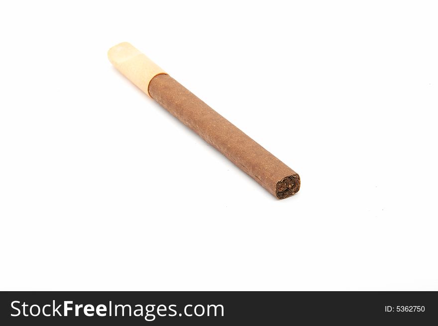 Cigar with a wooden mouthpiece on a white background