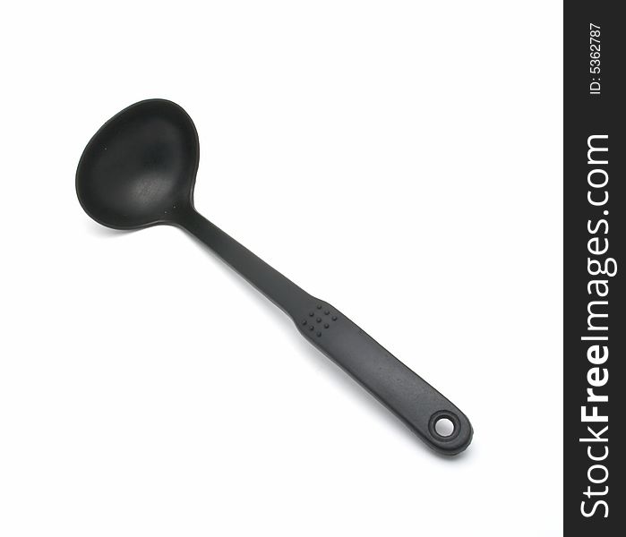 Black plastic ladle on a white background.