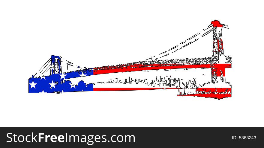 A patriotic illustration of the Brooklyn Bridge with the Stars and Stripes flag behind it. A patriotic illustration of the Brooklyn Bridge with the Stars and Stripes flag behind it.