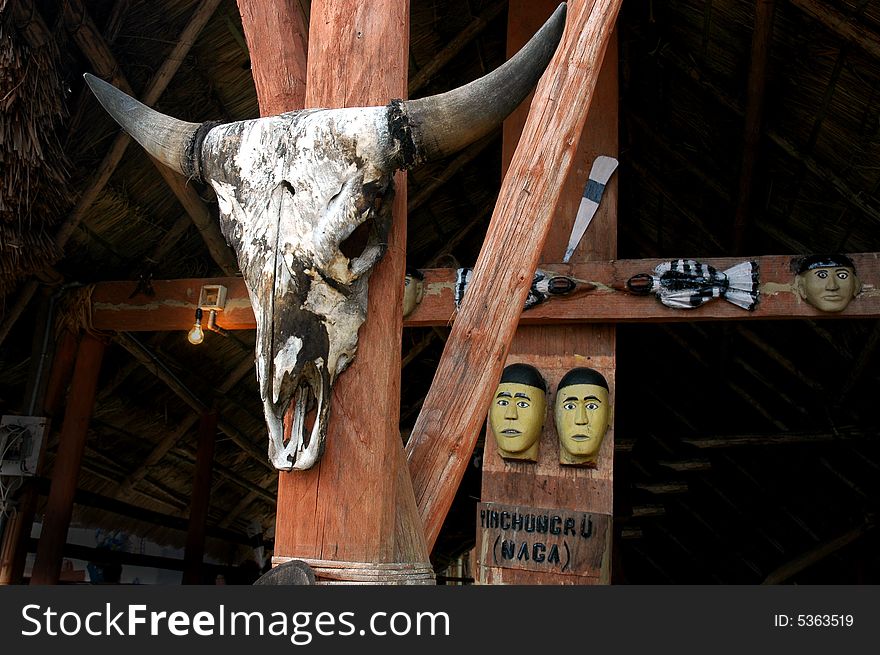 Skull Of A Bull Hung Up On A Pillar.