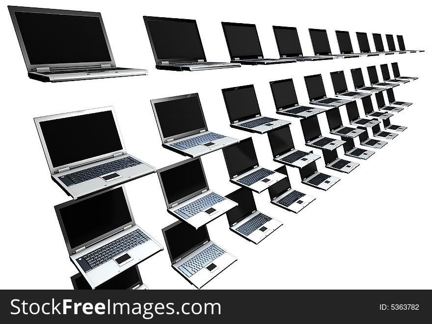 3d Rendering of laptops in a grid layout. 3d Rendering of laptops in a grid layout