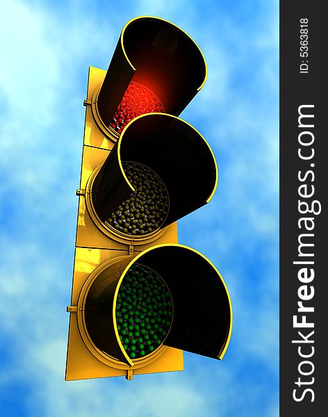 3d rendering of red Traffic Signal with sky background. 3d rendering of red Traffic Signal with sky background