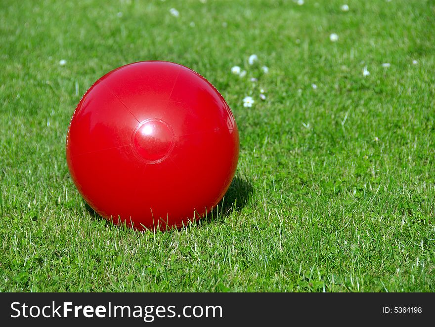 Red beach ball lies on the grass. Red beach ball lies on the grass