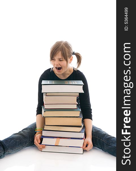 The young student with the books isolated on a white background