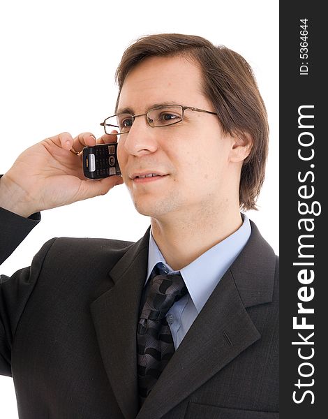 The young businessman talking by phone isolated on a white background