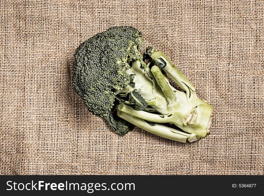 Fresh broccoli on rough canvas.