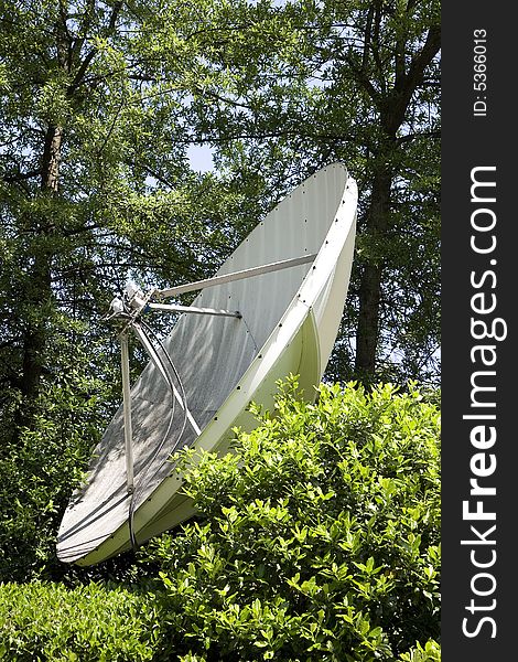 A large satellite dish in a forest setting. A large satellite dish in a forest setting