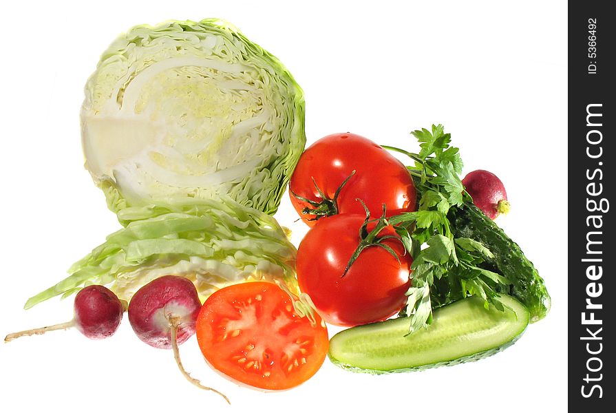 Summer raw vegetabls: radish, cabbage, cucumber, parsley. Isolated. Summer raw vegetabls: radish, cabbage, cucumber, parsley. Isolated.