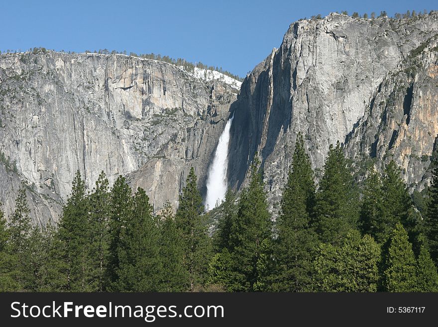 Clear sky over the famous natural landmark Yosemite fall. Yosemite national park. California. USA