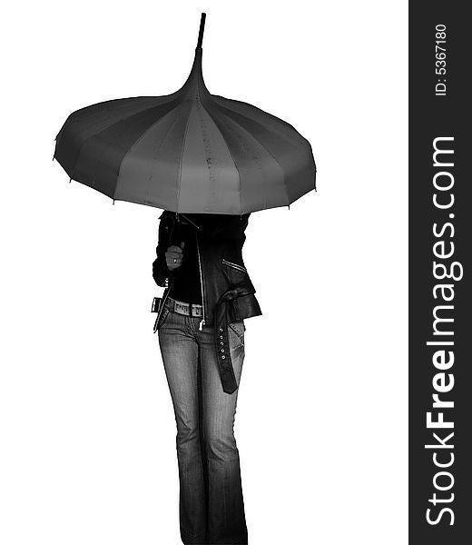 Girl under umbrella isolated on white background