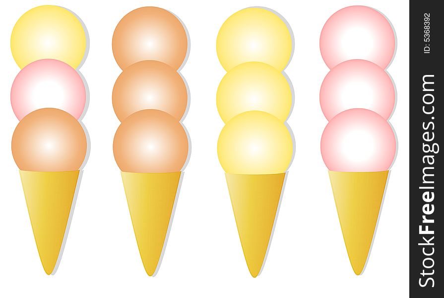 A simple clip art illustration featuring 4 flavours of ice cream cones - neopolitan, chocolate, vanilla and strawberry. A simple clip art illustration featuring 4 flavours of ice cream cones - neopolitan, chocolate, vanilla and strawberry