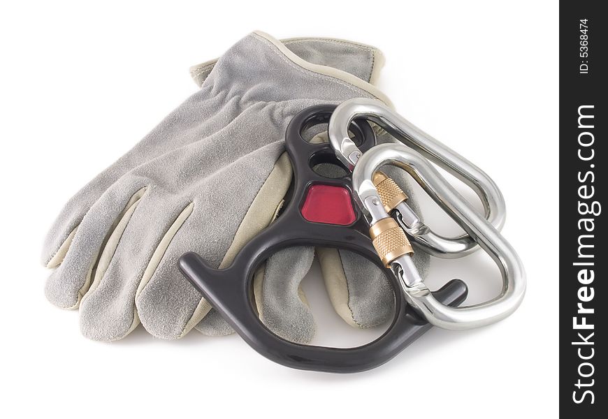 Photo of locking carabiners, glove and rescue eight on white background. Photo of locking carabiners, glove and rescue eight on white background.