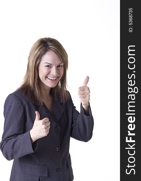 Businesswoman giving thumbs up isolated on white