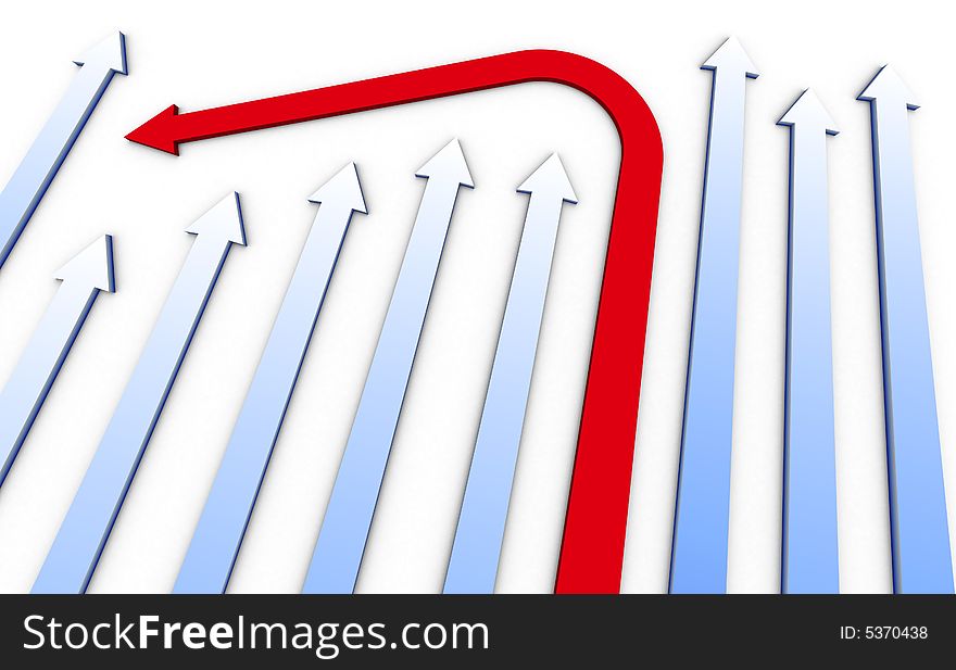 Abstract business arrows with one turning against the others. Abstract business arrows with one turning against the others