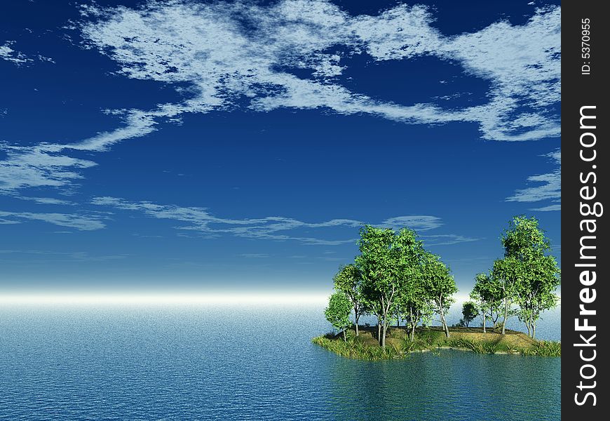 Birch trees on small lake island - 3d illustration. Birch trees on small lake island - 3d illustration