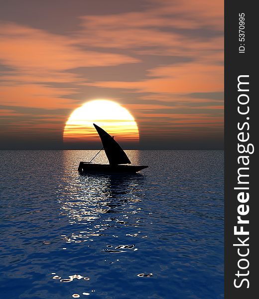 Small boat and  sunset  sky - 3d landscape scene .