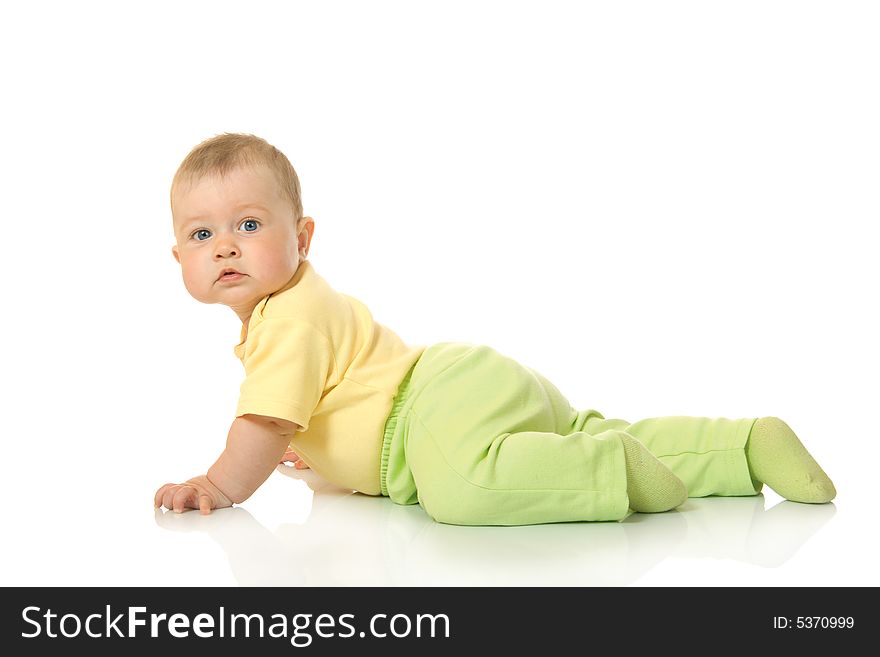 Creeping small baby isolated on white background