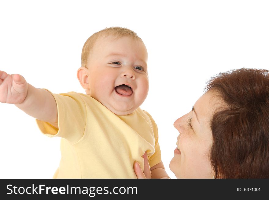 Small baby with mother isolated on white