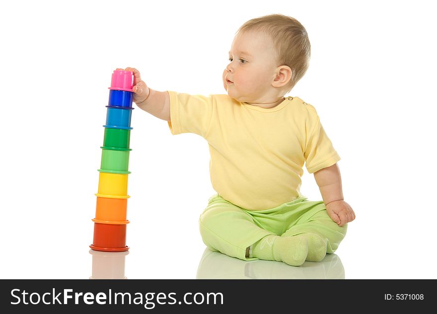 Small Baby With Toy Pyramid Isolated