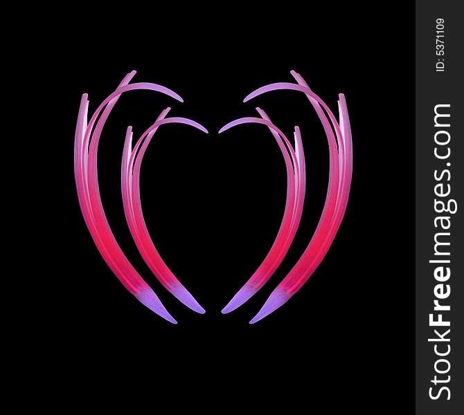 Abstract of two pink and purple hearts in sections, set against a black background. Abstract of two pink and purple hearts in sections, set against a black background.