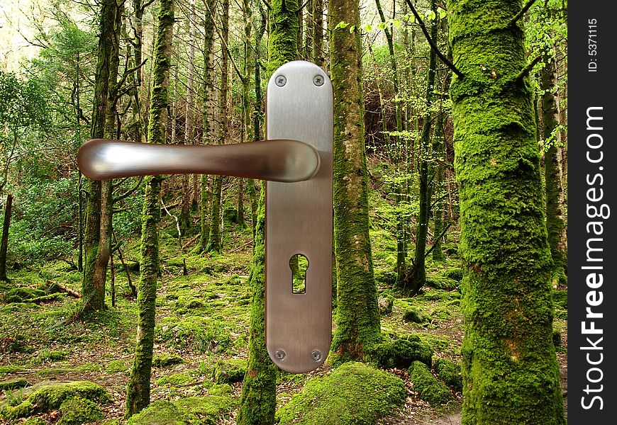 Door lock on green forest background. Door lock on green forest background