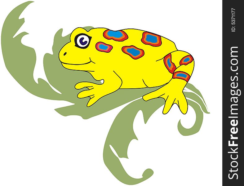 Yellow frog with blue spots on a green background